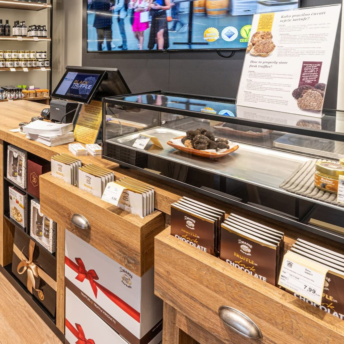 Fresh truffles displayed at the counter inside Zigante Tartufi truffle shop in Buje, Istria, Croatia