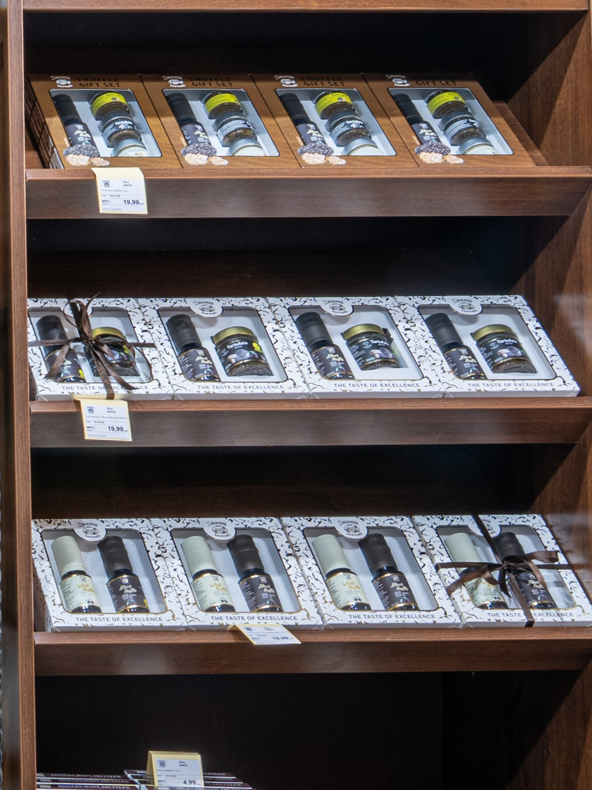 Truffle gift boxes and gourmet products displayed inside Zigante Tartufi truffle shop in Motovun, Istria, Croatia