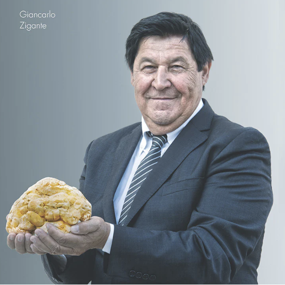 Giancarlo Zigante holding a replica of the 1.31 kg world-record white truffle found in 1999