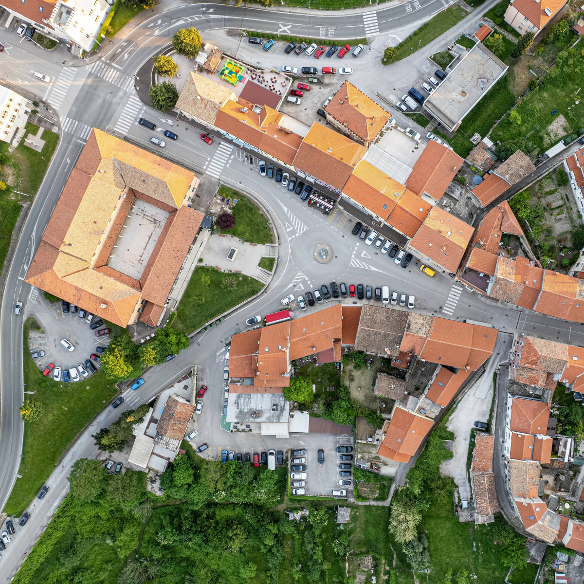 Aerial view above Trg Josipa Broza Tita, the main square in Buje, Istria, Croatia, across the street from Zigante Tartufi truffle shop